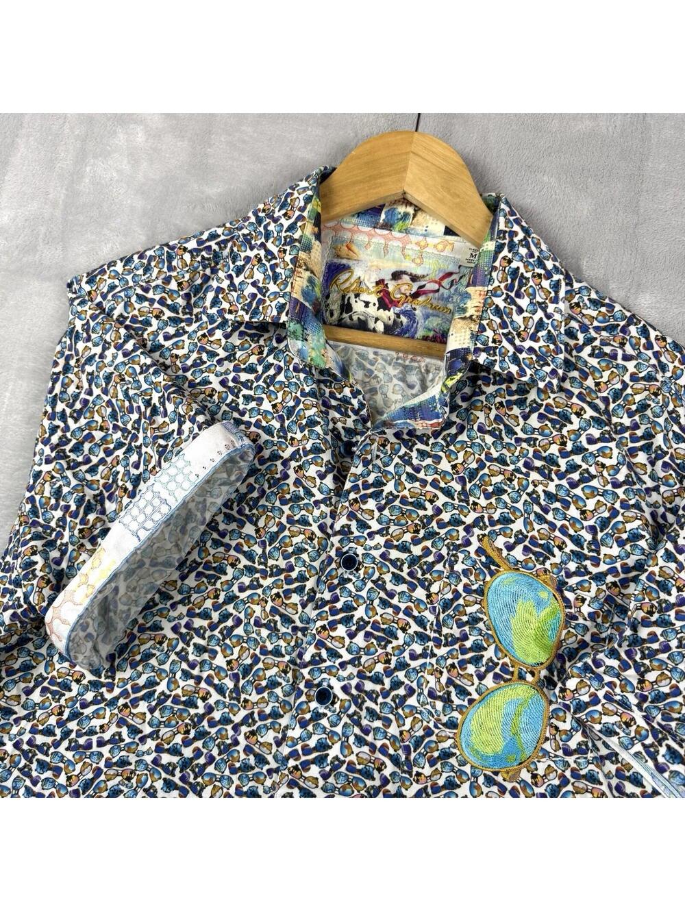 Robert Graham Sunglasses Embroidered Shirt Mens M Flip Cuff ButtonUp Casual Rare